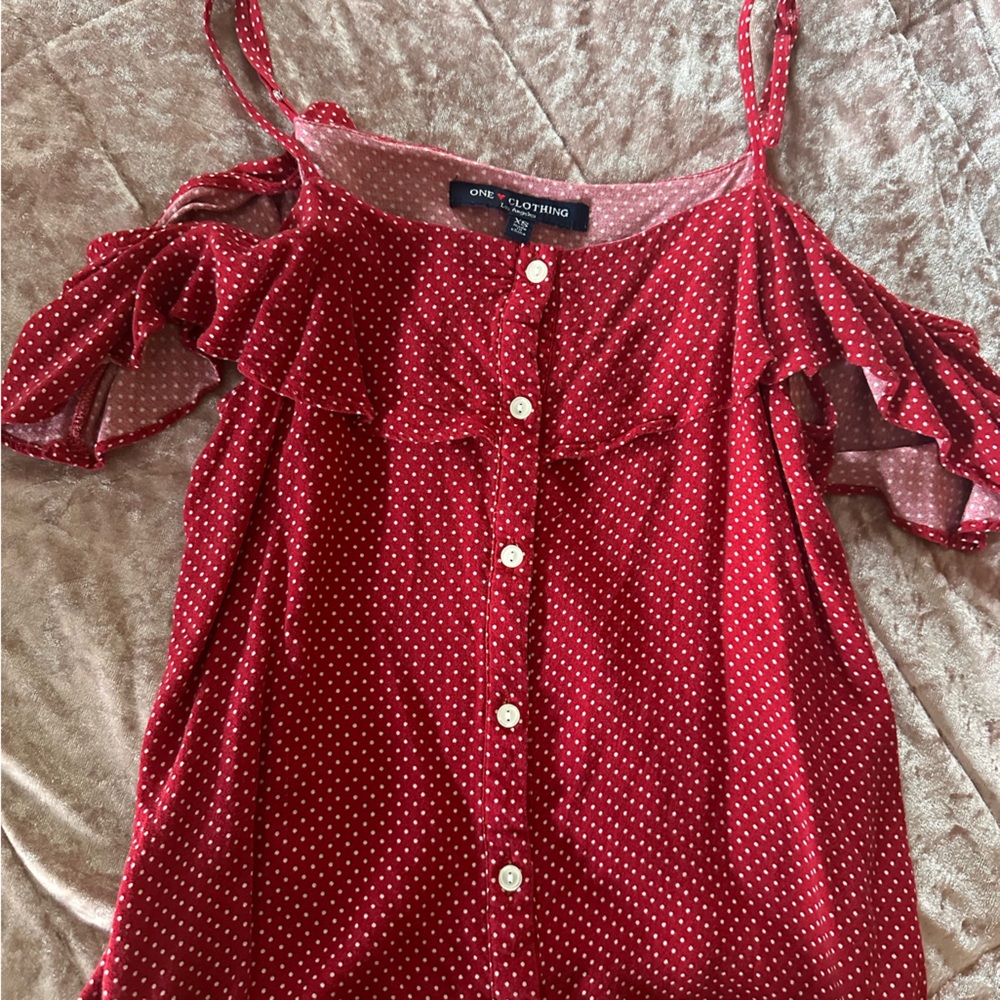 Red polkadot button up exposed shoulder strap top